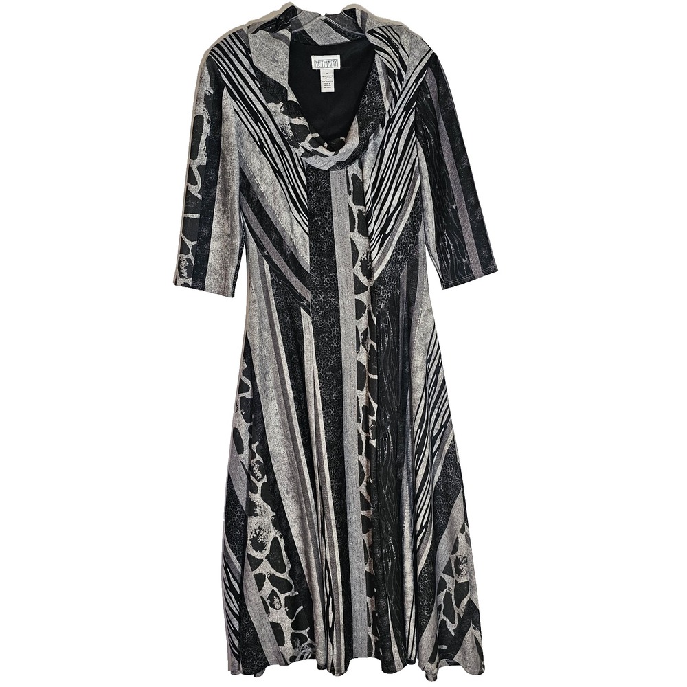 Bethany Dress Womens Medium Black Gray Cowl Neck A-Line Animal Print‎ 3/4 Sleeve